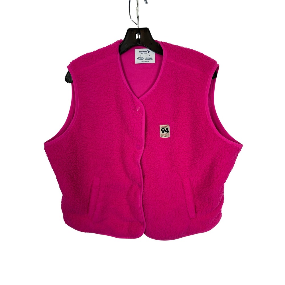 Old Navy Active Hot Pink Sherpa Fleece Snap Front Vest Pockets Small NWT